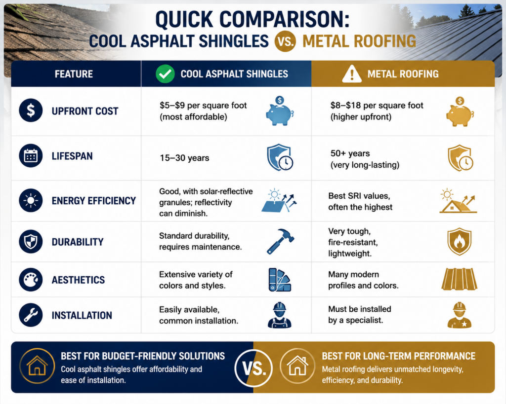 Quick Comparison Cool Asphalt Shingles vs Metal Roofing