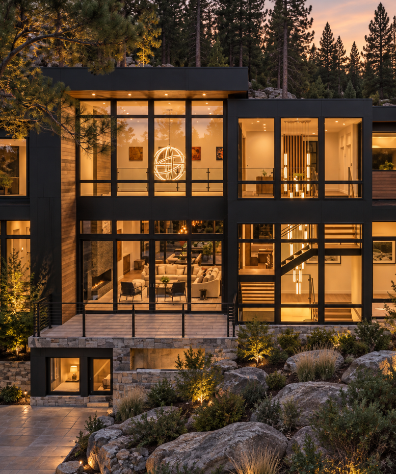 Luxury Mountain Glass House at Dusk B West Builders