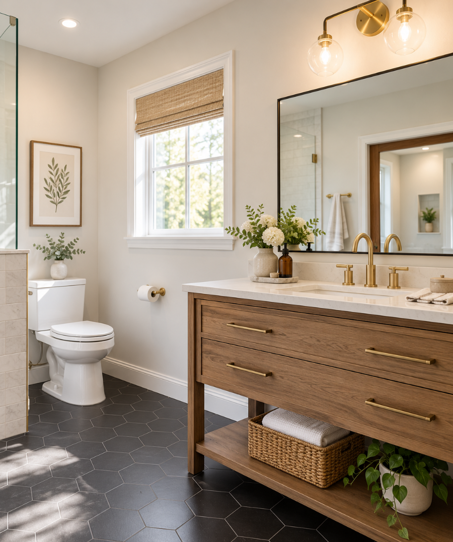 Warm Minimalist Spa Bathroom Retreat by B West Builders