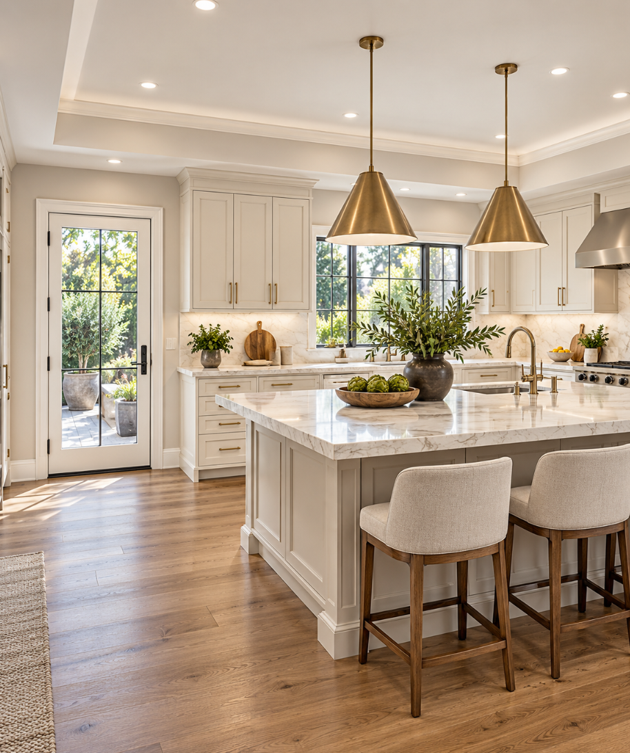 Bright Luxury Kitchen with Brass Accents by B West Builders