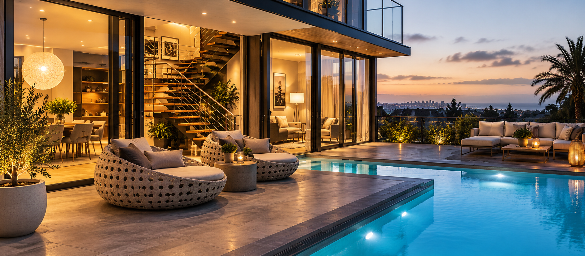 Twilight Luxury Home with Pool Views - B West Builders
