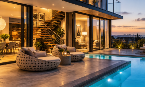 Twilight Luxury Home with Pool Views